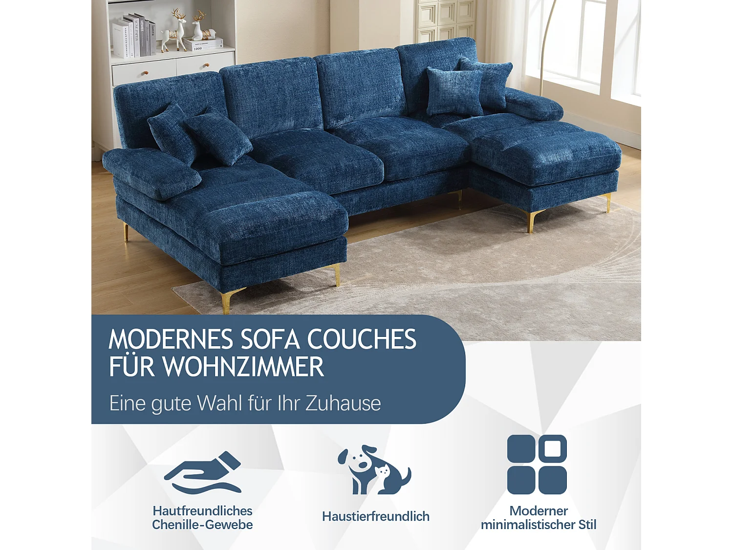 Canapé d'angle 4 places, 272x136x88cm,Grand canapé en forme de U, moderne, en tissu chenille, bleu