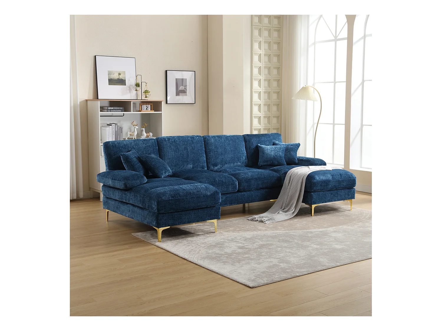Canapé d'angle 4 places, 272x136x88cm,Grand canapé en forme de U, moderne, en tissu chenille, bleu
