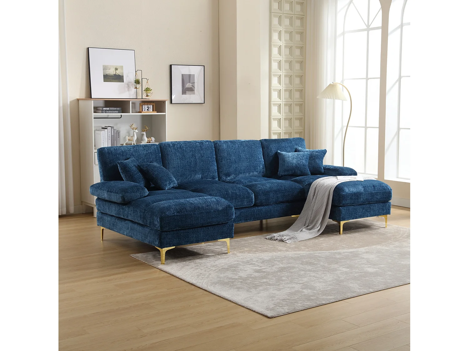 Canapé d'angle 4 places, 272x136x88cm,Grand canapé en forme de U, moderne, en tissu chenille, bleu