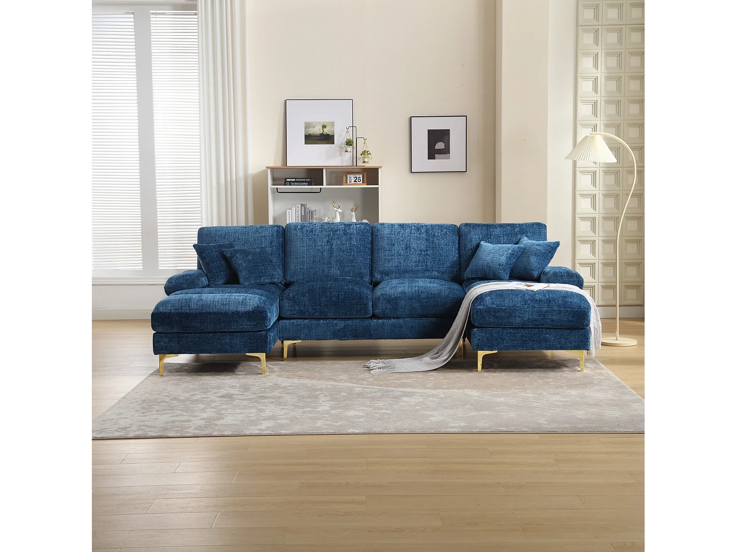 Canapé d'angle 4 places, 272x136x88cm,Grand canapé en forme de U, moderne, en tissu chenille, bleu