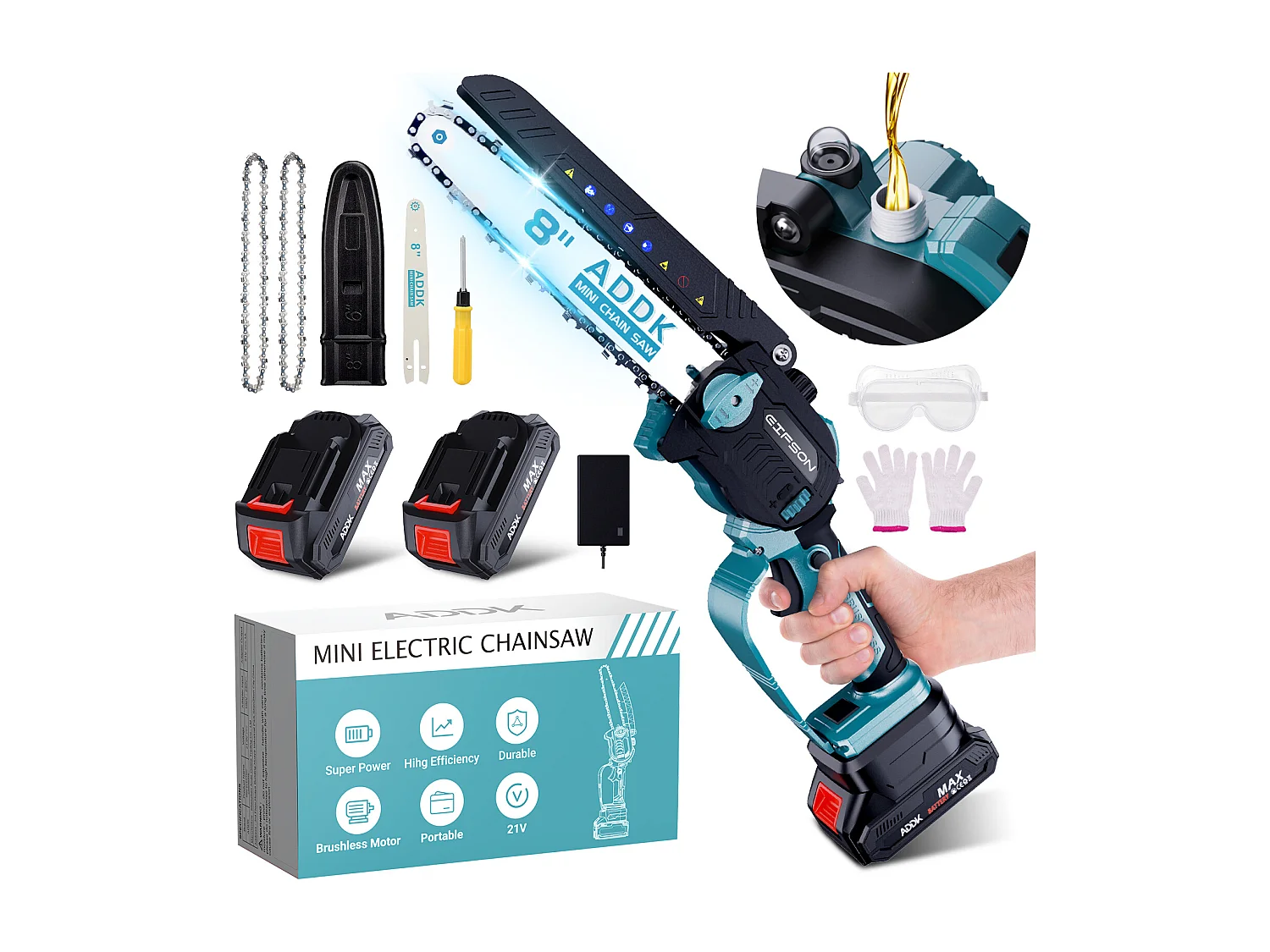 Tronçonneuse, mini scie 8", mini scie à bois portable 21 V 450 W, tronçonneuse électrique 8", 4 tronçonneuses – Bleu