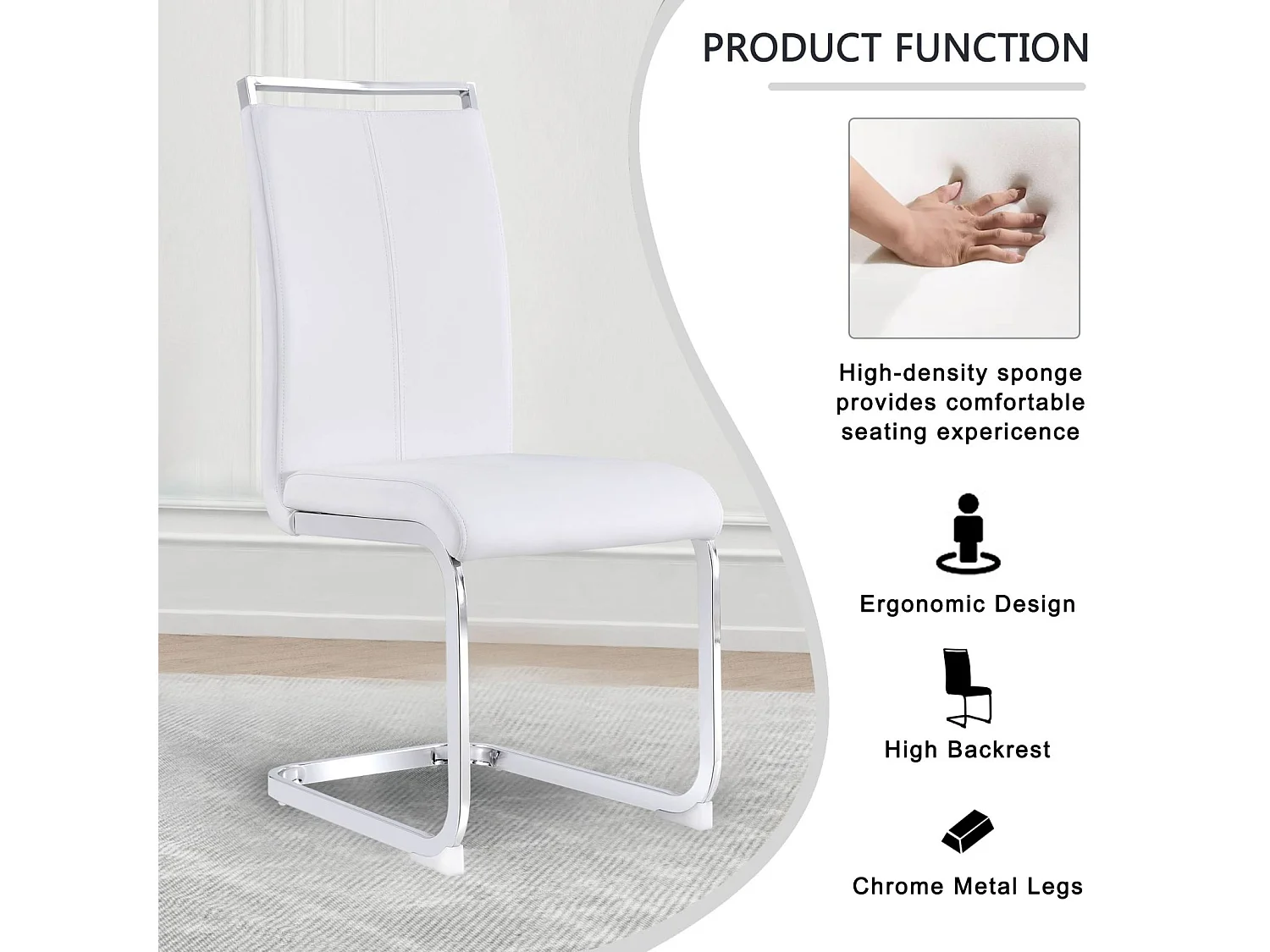 Chaise à piétement luge Lot de 4 - Piétement en métal chromé Pouvant supporter jusqu'à 120 kg Rembourrage souple avec housse en similicuir - Blanc