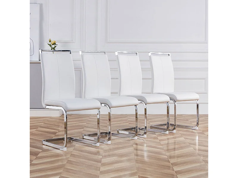 Set di 4 sedie con base a slitta - Base in metallo cromato Supporta fino a 120 kg Imbottitura morbida con rivestimento in similpelle - Bianco