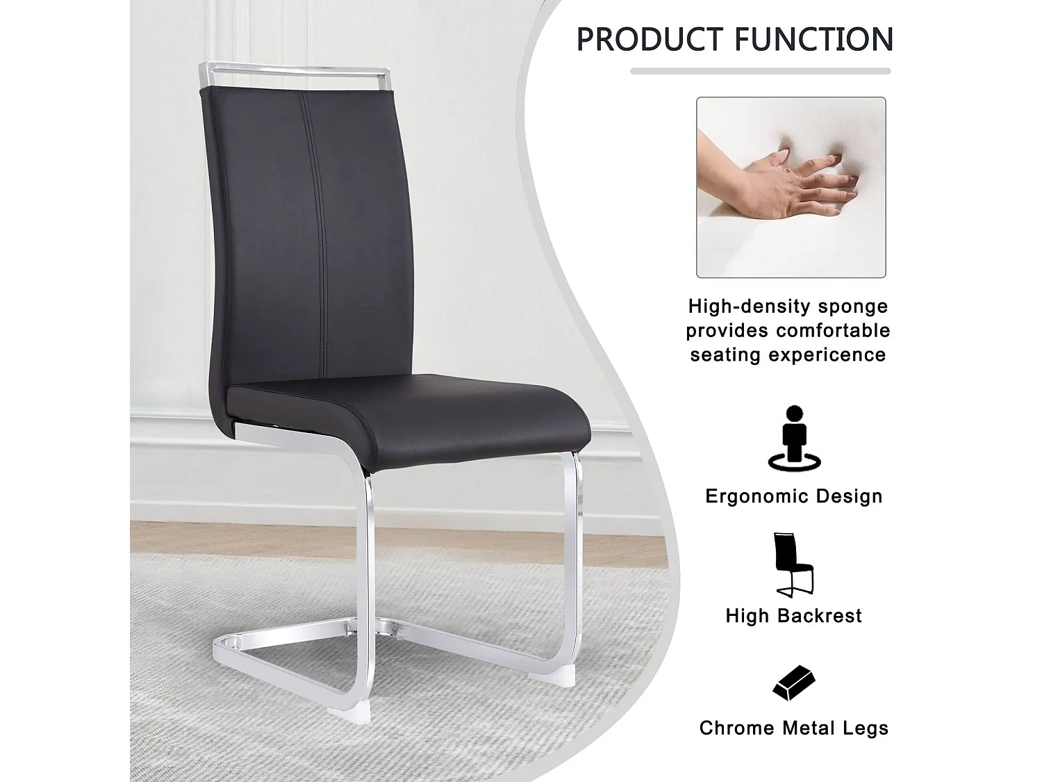 Chaise à piétement luge Lot de 4 - Piétement en métal chromé Pouvant supporter jusqu'à 120 kg Rembourrage souple avec housse en similicuir - Noir