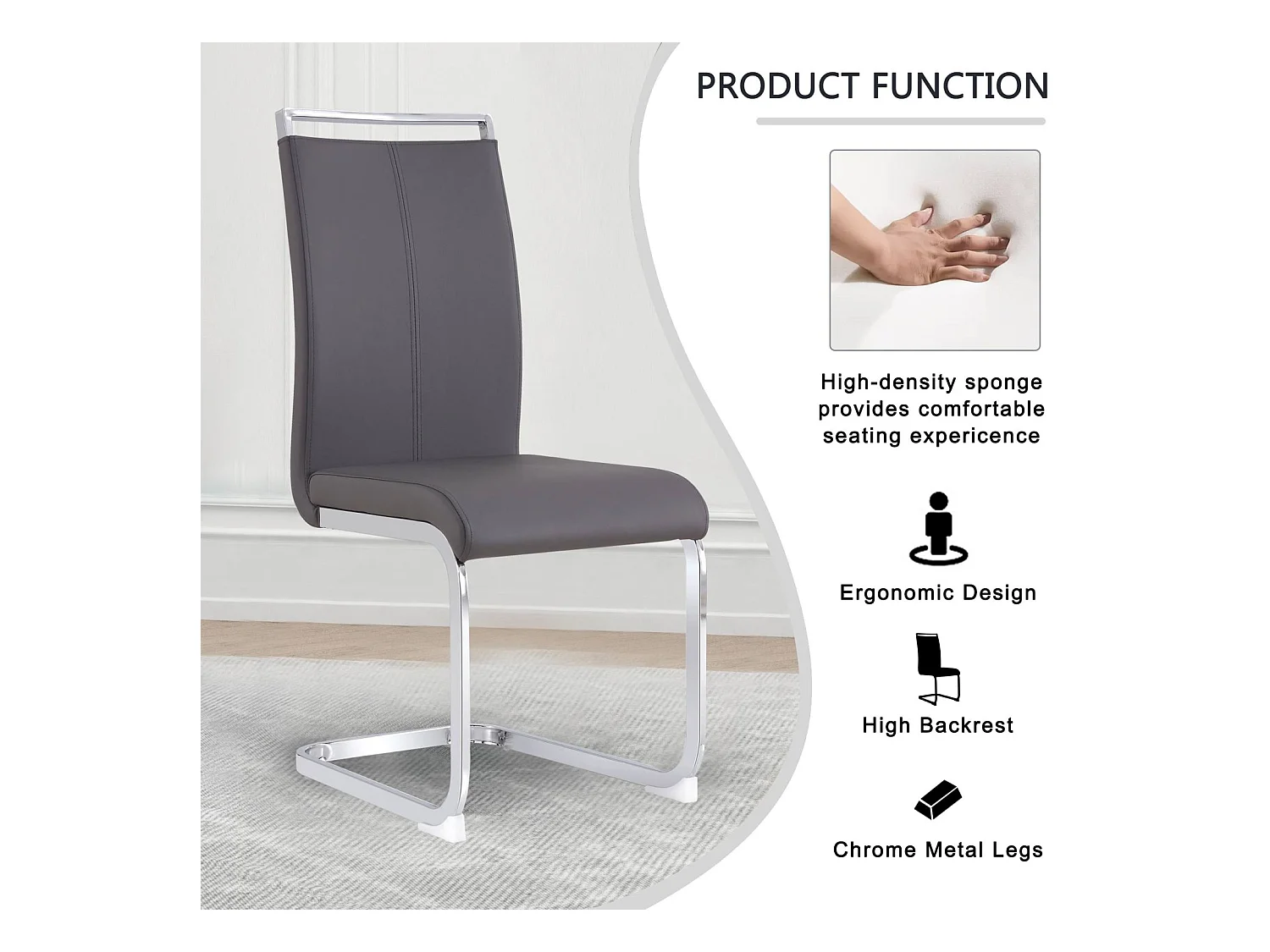 Set di 4 sedie con base a slitta - Base in metallo cromato Supporta fino a 120 kg Imbottitura morbida con rivestimento in similpelle - Grigio