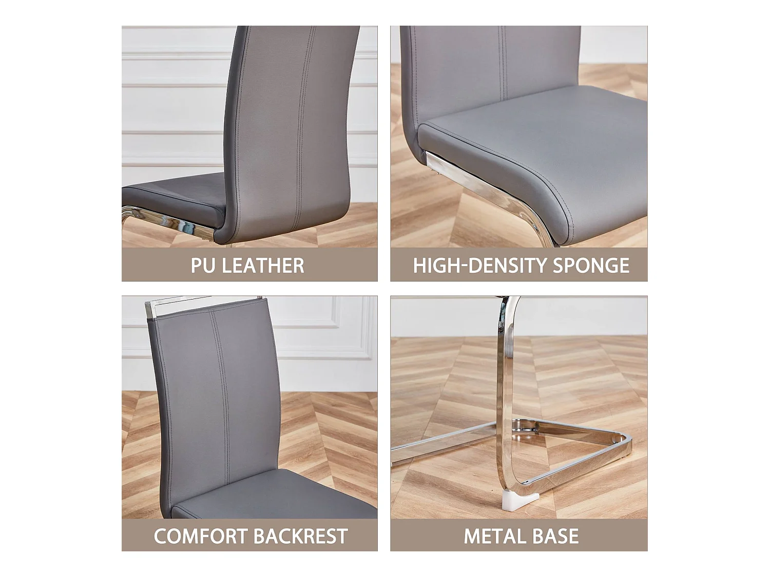 Conjunto de 4 cadeiras com base de trenó - Base de metal cromado suporta até 120 kg, acolchoamento macio com capa de couro sintético - Cinza