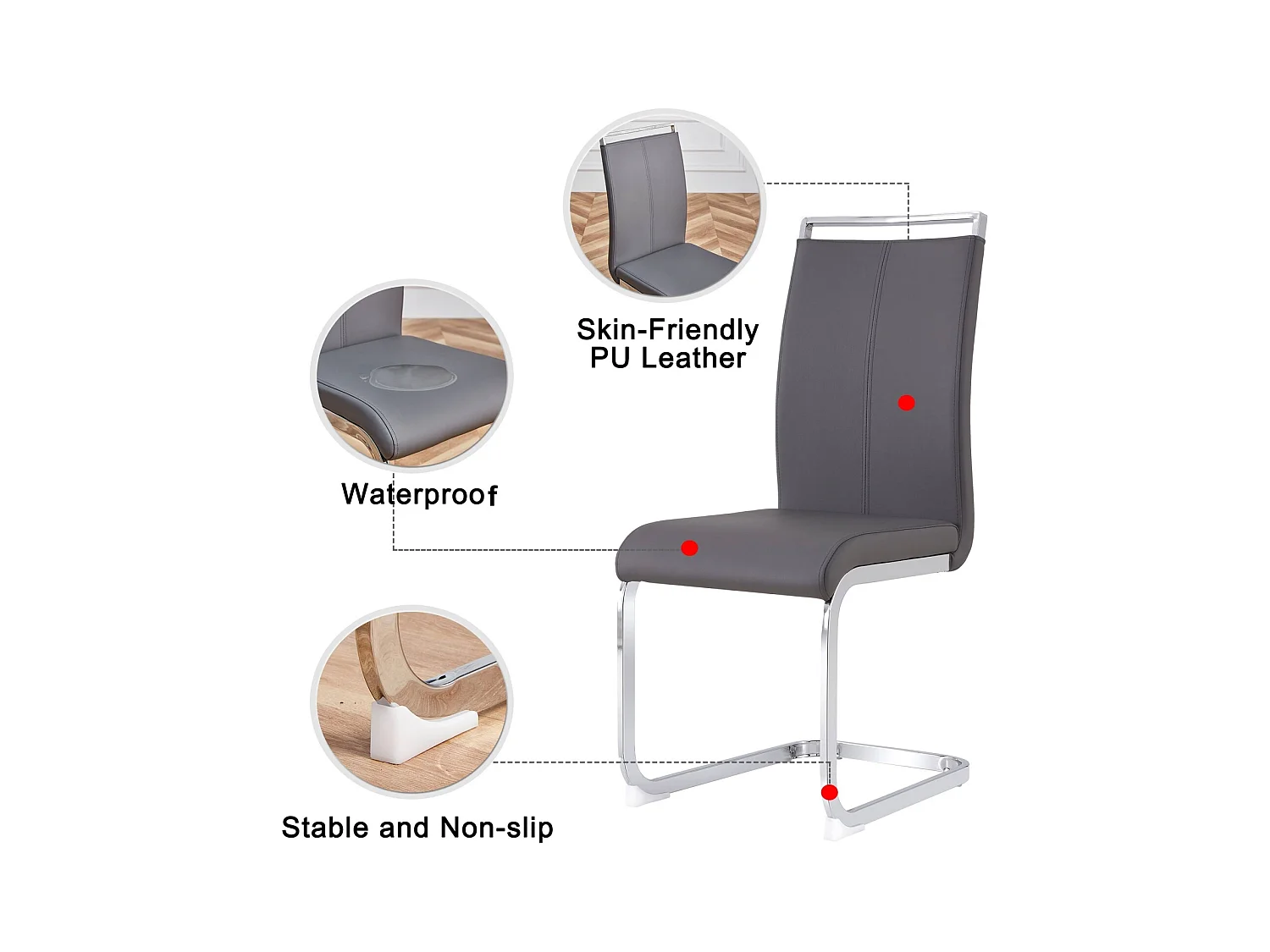 Conjunto de 4 cadeiras com base de trenó - Base de metal cromado suporta até 120 kg, acolchoamento macio com capa de couro sintético - Cinza