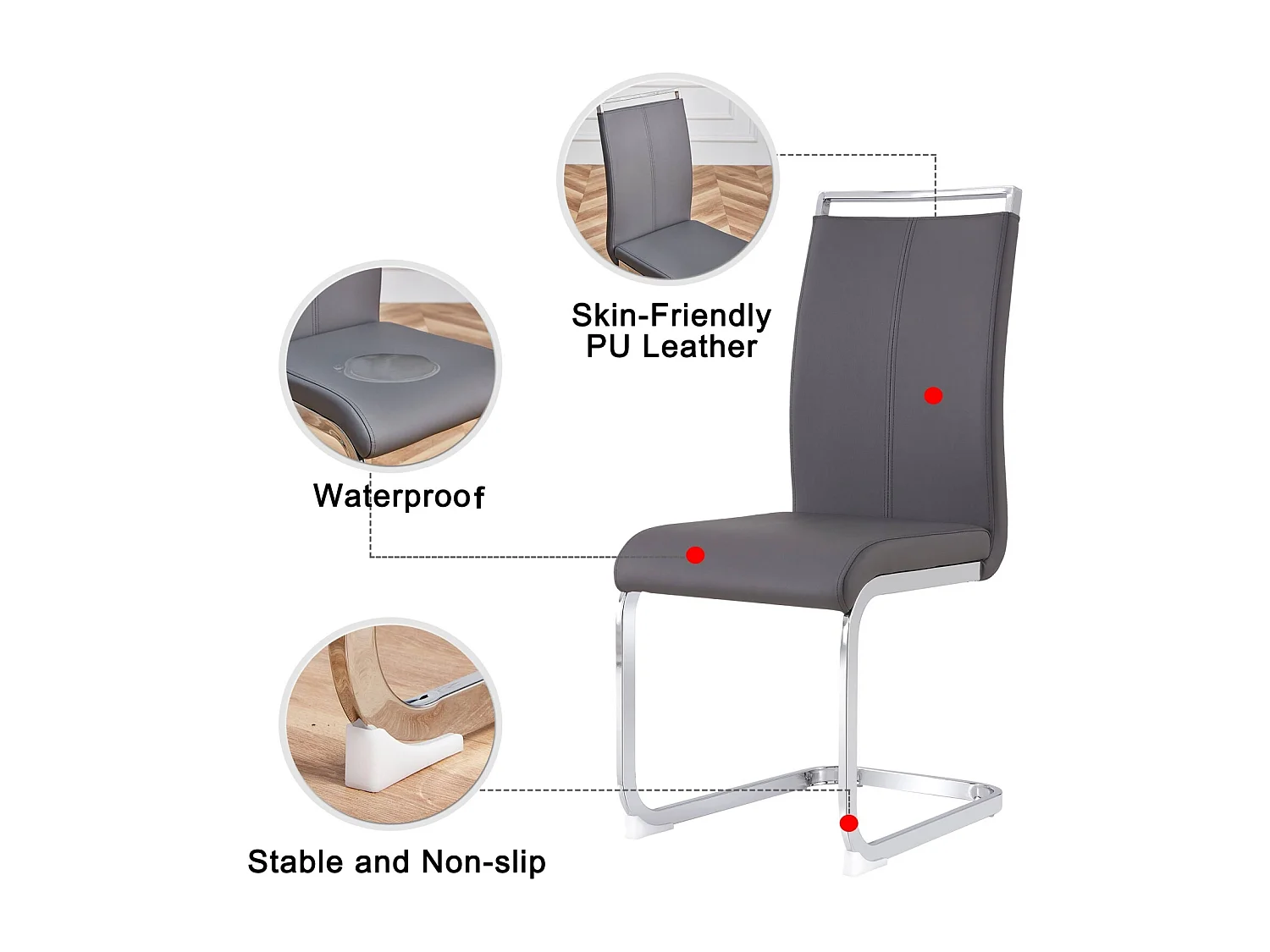 Sled Base Stoel Set van 4 - Chrome Metalen Voet Draagt tot 120 kg Zachte vulling met kunstleren bekleding - Grijs