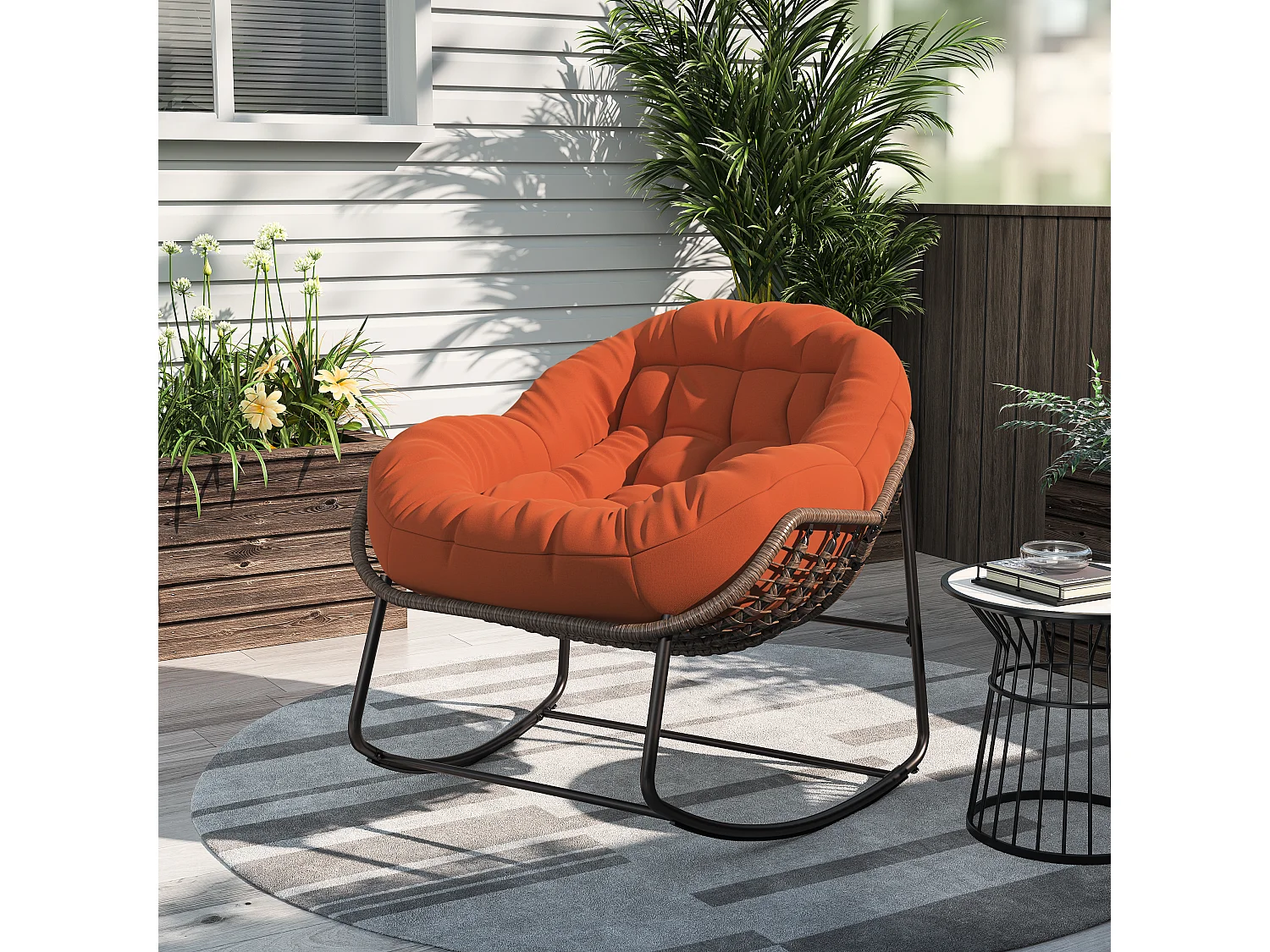 Poltrona relax, Semplice sedia a dondolo in rattan, Arancione, 90 x 105 x 80 cm