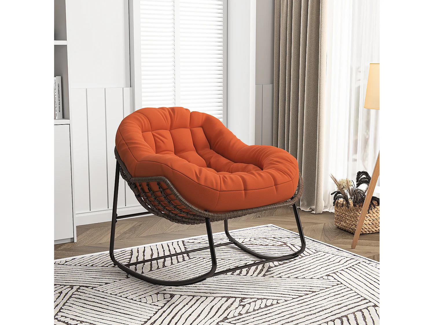 Poltrona relax, Semplice sedia a dondolo in rattan, Arancione, 90 x 105 x 80 cm