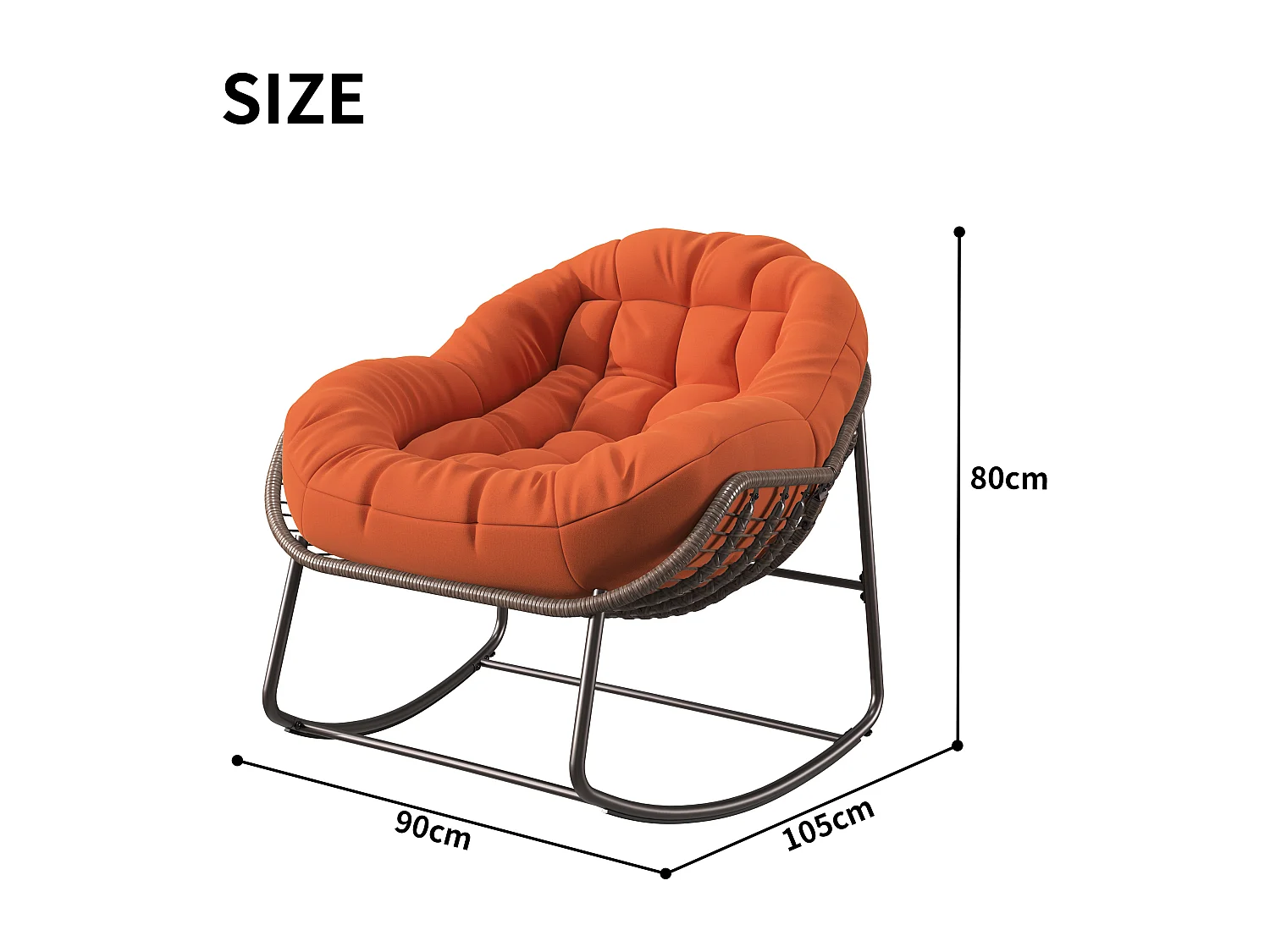 Poltrona relax, Semplice sedia a dondolo in rattan, Arancione, 90 x 105 x 80 cm