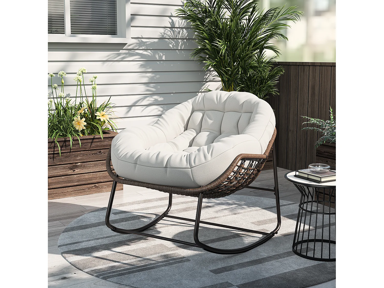 Fauteuil relax,Chaise à bascule en rotin simple,chaise en rotin tissée à la main, rotin, tissu imperméable, beige, 90 x 105 x 80 cm