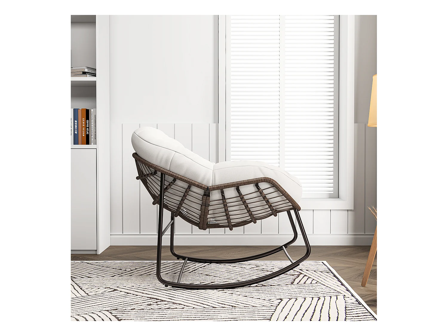 Fauteuil relax,Chaise à bascule en rotin simple,chaise en rotin tissée à la main, rotin, tissu imperméable, beige, 90 x 105 x 80 cm
