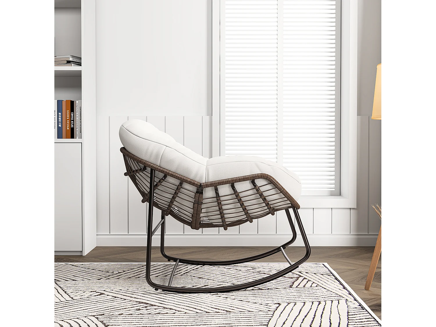 Fauteuil relax,Chaise à bascule en rotin simple,chaise en rotin tissée à la main, rotin, tissu imperméable, beige, 90 x 105 x 80 cm