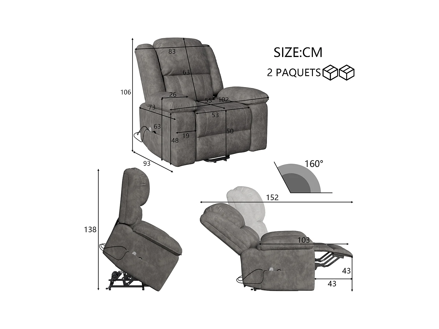 Fauteuil relax Fauteuil de massage - réglage électrique, fauteuil de massage avec vibrations et chaleur, poches latérales - Gris