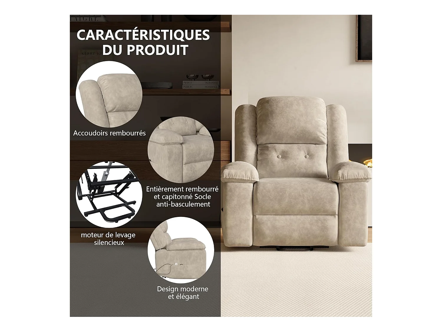 Poltrona reclinabile elettrica in tessuto - Grigio - L93 x P102 x H106 cm - Grigio 1