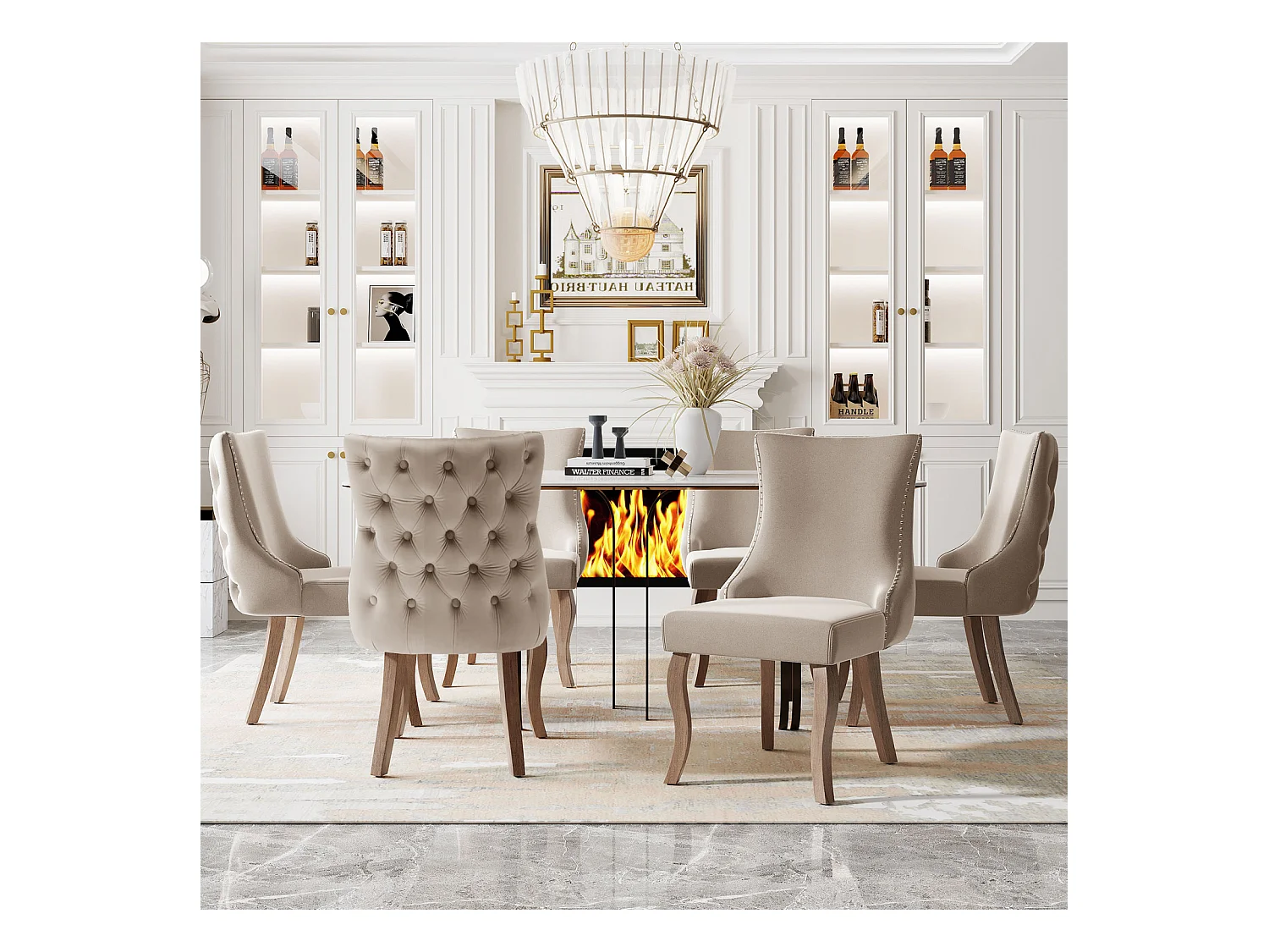 Lot de 6 chaises velours beige - Chaise 4 pieds avec piqûre de bouton structure en bois massif pour salle à manger - 91x50x49cm