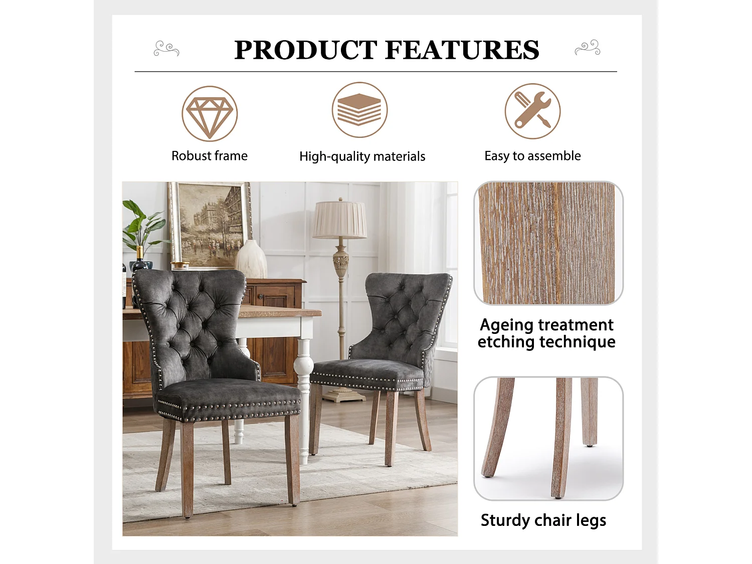 Set van 2 eetkamer-, keuken- en woonkamerstoelen Gestoffeerde stoel Massief houten poten - 53,5x64x95cm Grijs