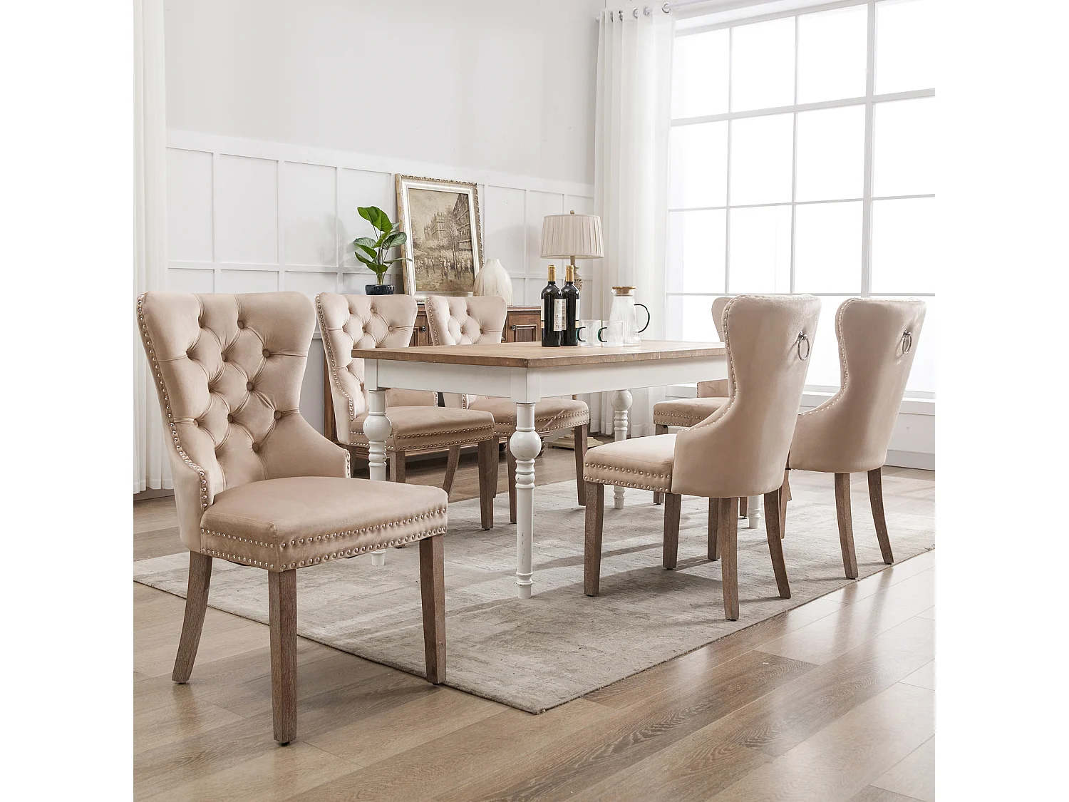 Lot de 6 Chaises de salle à manger, cuisine et salon chaise rembourrée pieds en bois massif - 53.5x64x95cm beige