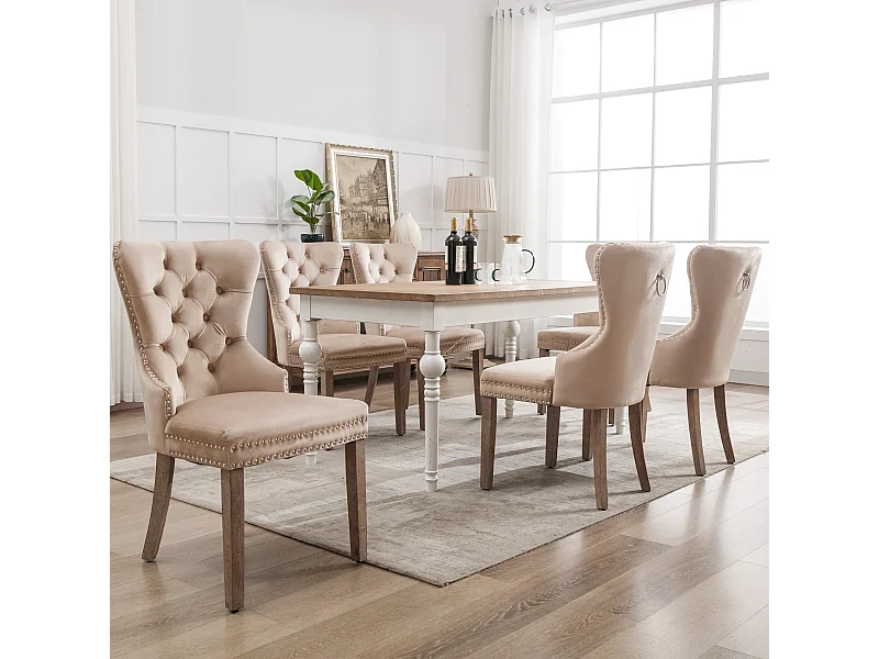 Lot de 6 Chaises de salle à manger, cuisine et salon chaise rembourrée pieds en bois massif - 53.5x64x95cm beige