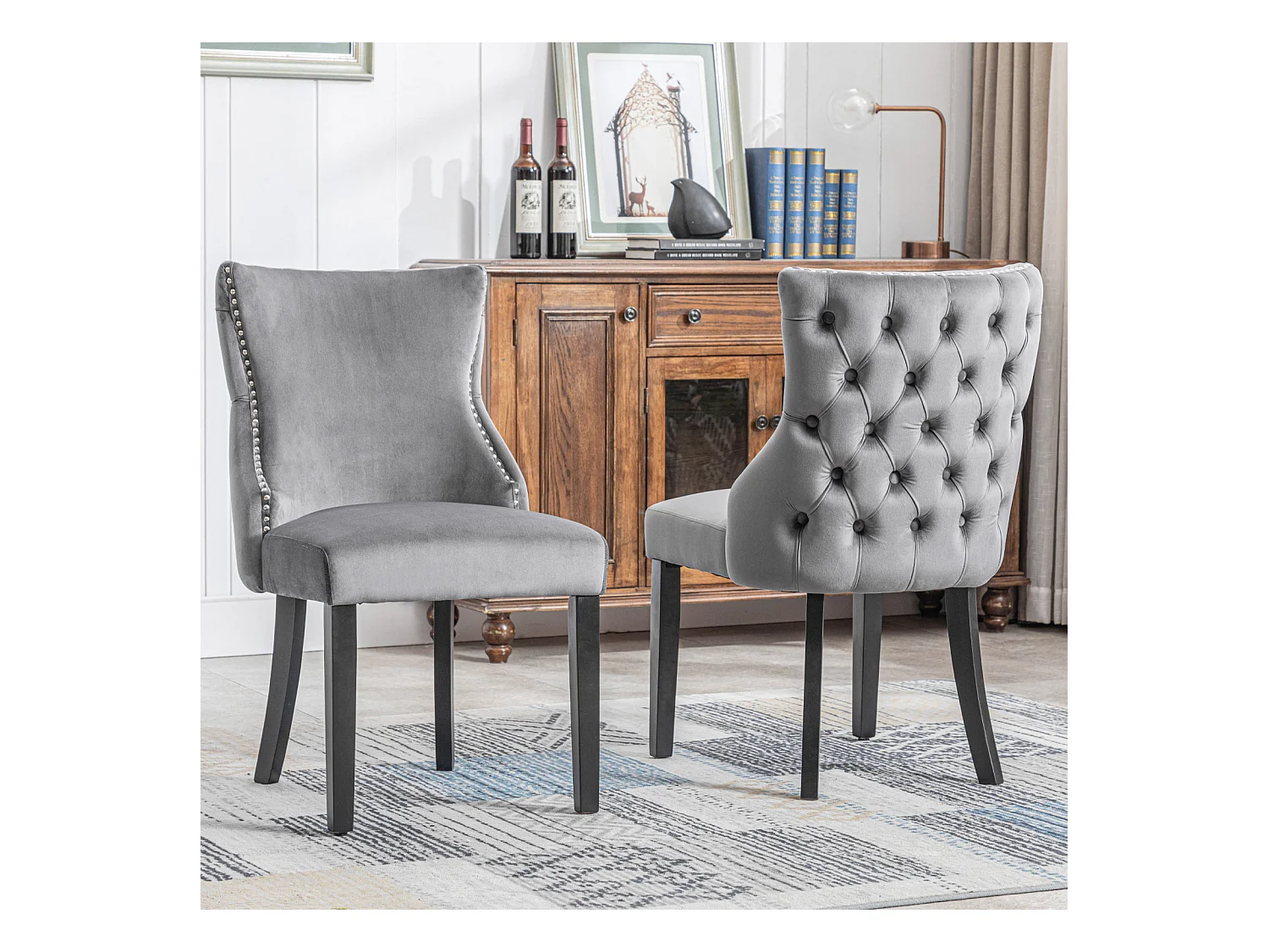 Lot de 2 chaises velours gris - Chaise 4 pieds avec piqûre de bouton structure en bois massif pour salle à manger - 91x50x49cm