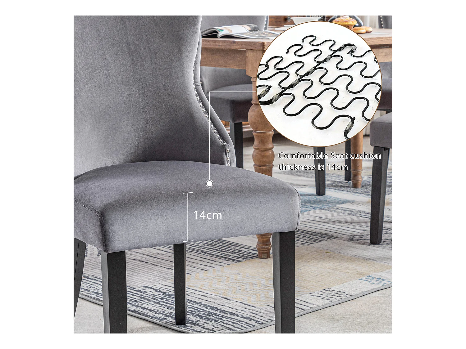 Juego de 2 sillas de terciopelo gris - Silla de 4 patas con pespuntes de botones, estructura de madera maciza para comedor - 91x50x49cm