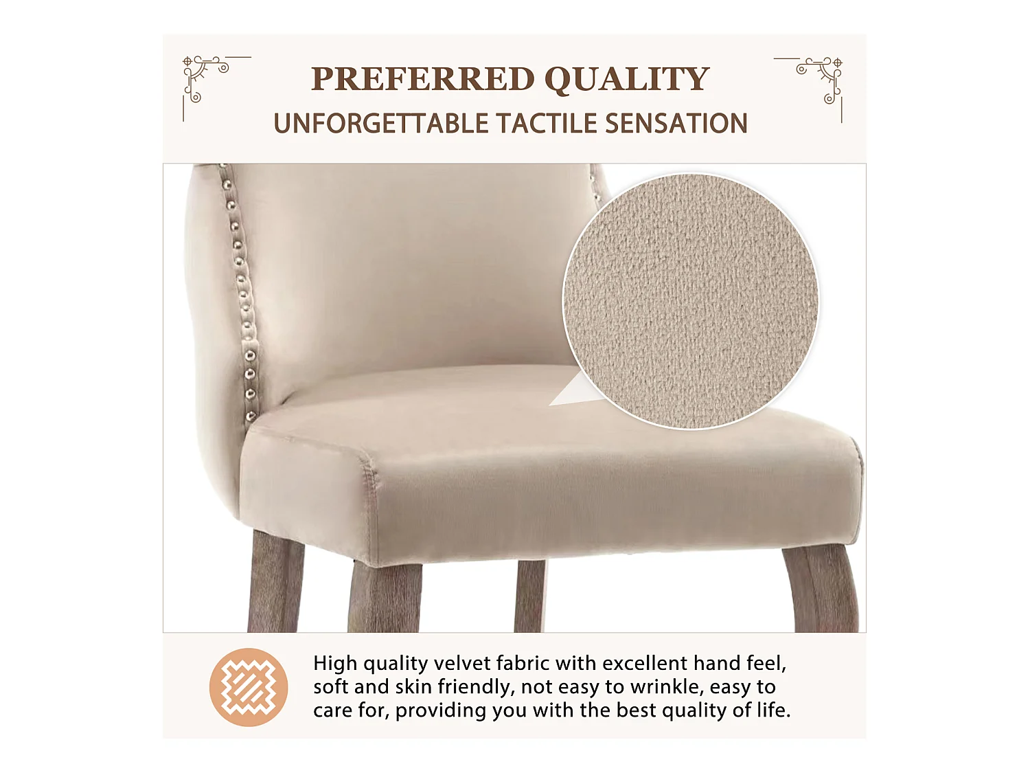 Lot de 4 chaises velours beige - Chaise 4 pieds avec piqûre de bouton structure en bois massif pour salle à manger - 91x50x49cm