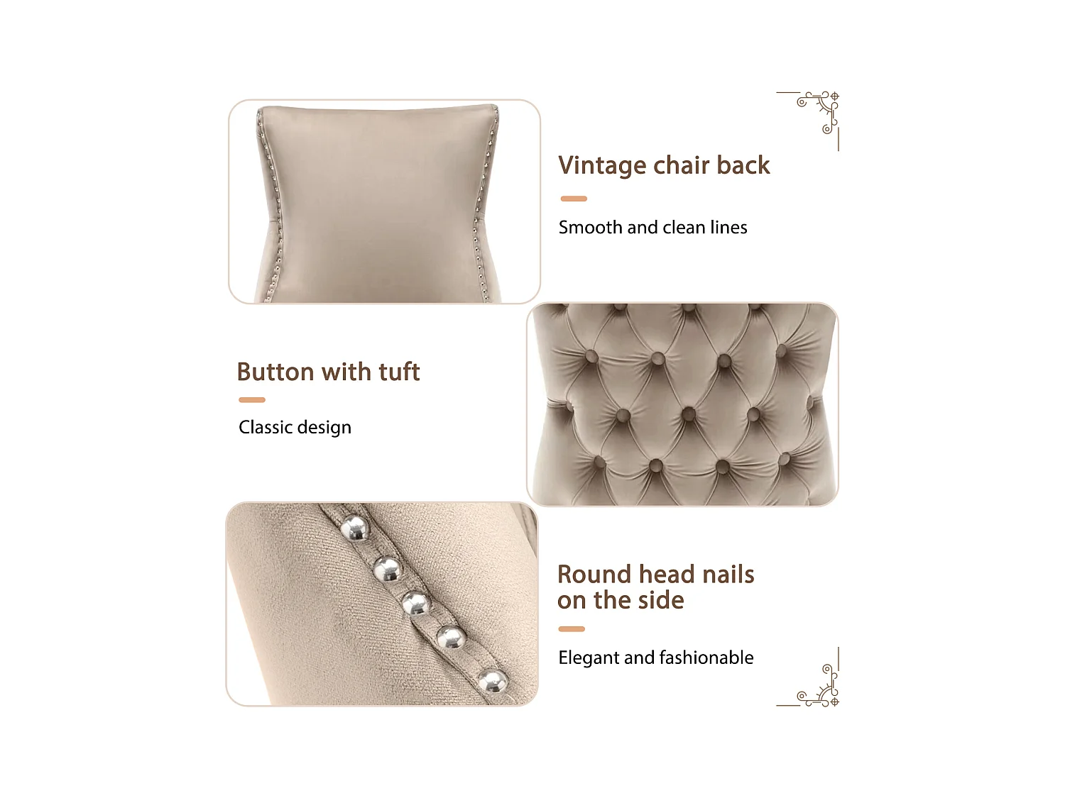 Lot de 4 chaises velours beige - Chaise 4 pieds avec piqûre de bouton structure en bois massif pour salle à manger - 91x50x49cm