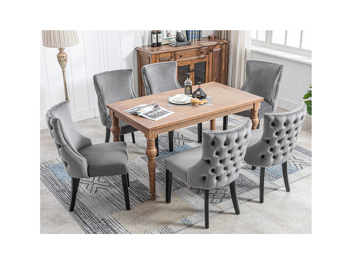 Lot de 6 chaises velours gris - Chaise 4 pieds avec piqûre de bouton structure en bois massif pour salle à manger - 91x50x49cm