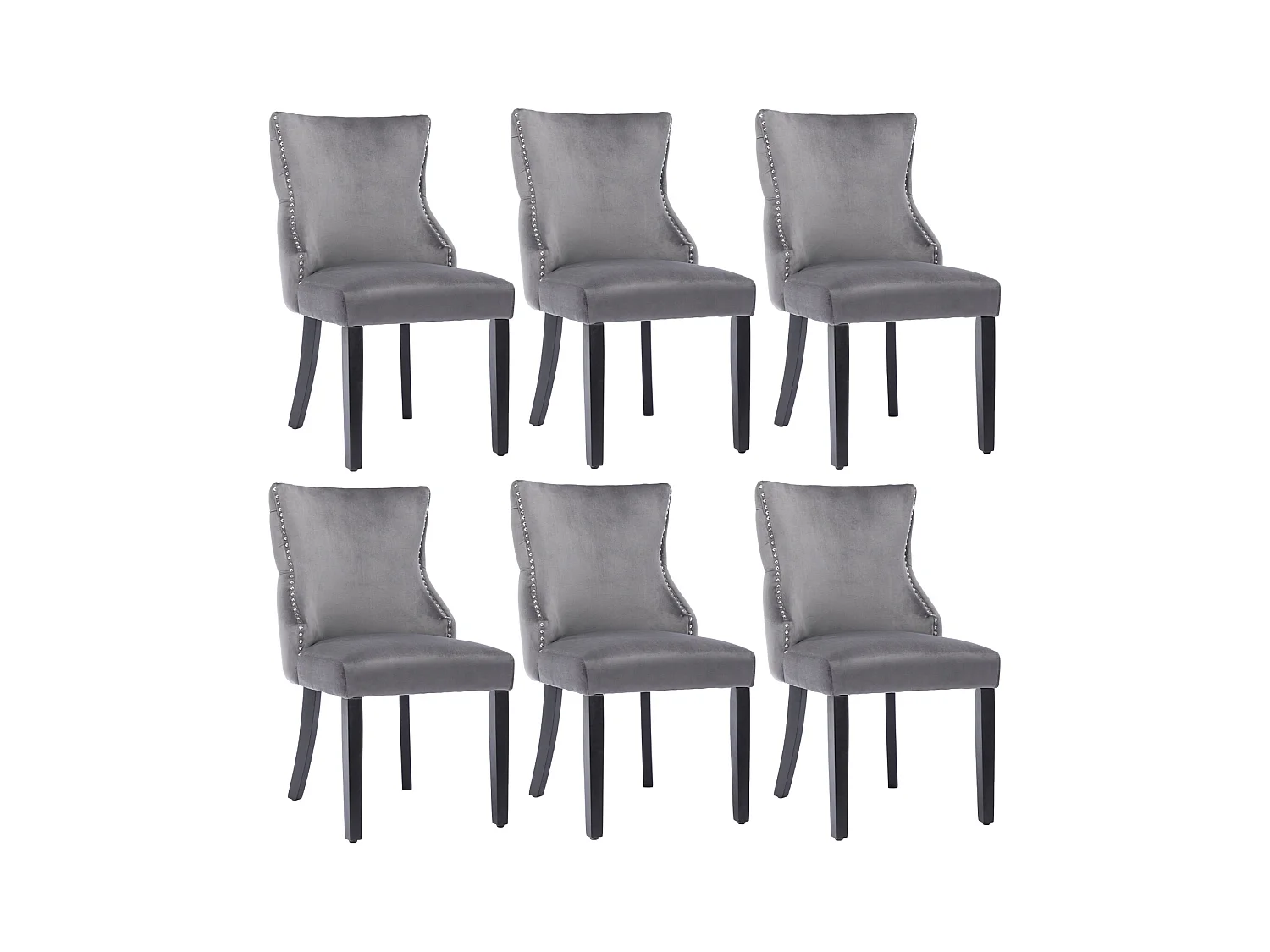 Lot de 6 chaises velours gris - Chaise 4 pieds avec piqûre de bouton structure en bois massif pour salle à manger - 91x50x49cm