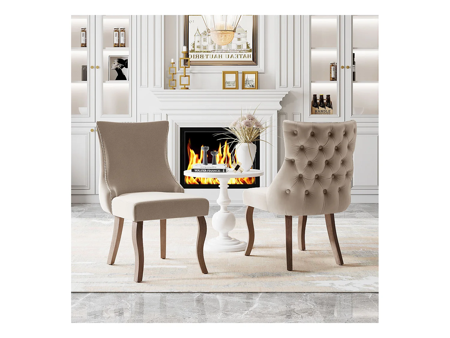 Lot de 2 chaises velours beige - Chaise 4 pieds avec piqûre de bouton structure en bois massif pour salle à manger - 91x50x49cm