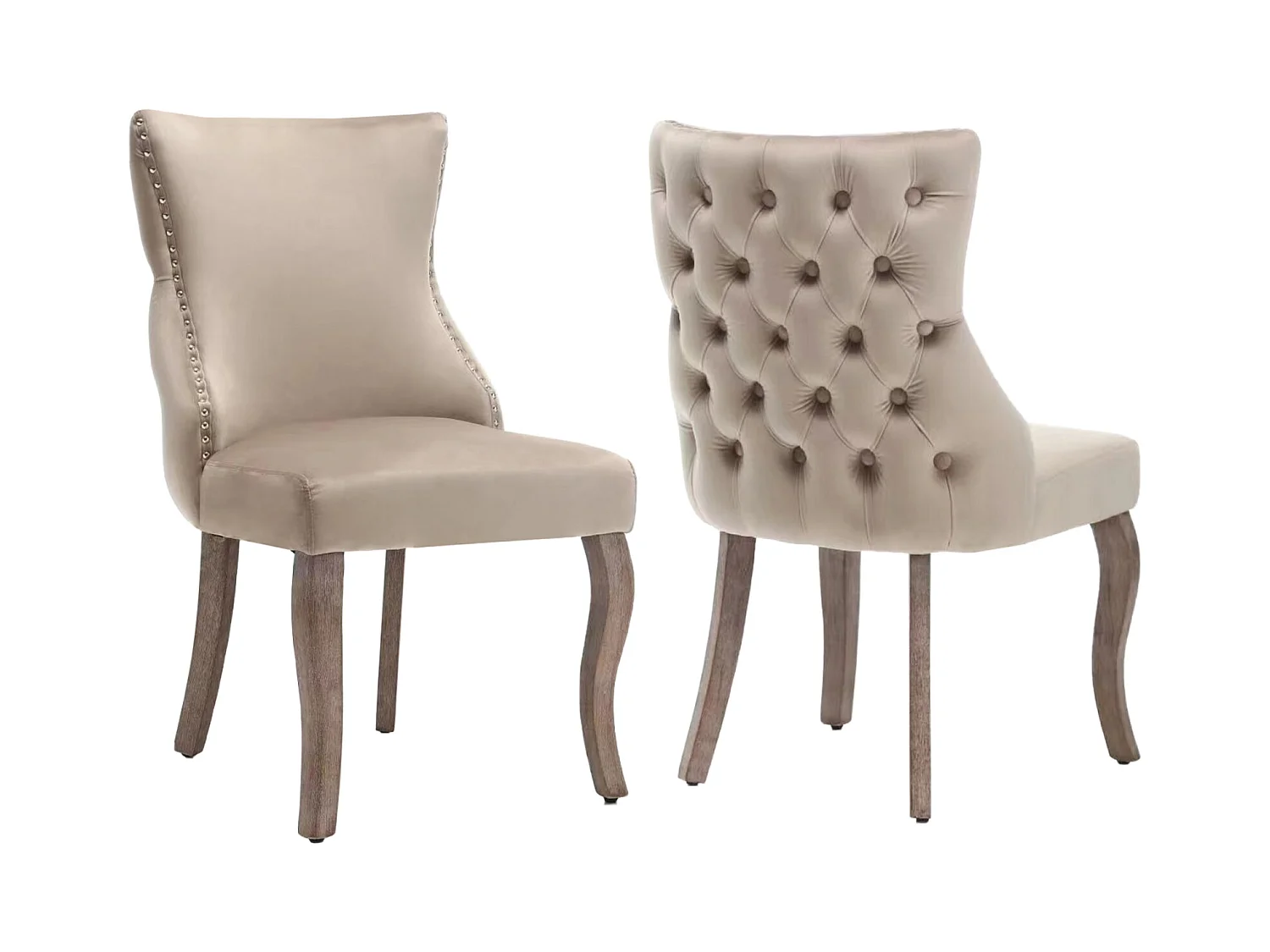 Lot de 2 chaises velours beige - Chaise 4 pieds avec piqûre de bouton structure en bois massif pour salle à manger - 91x50x49cm