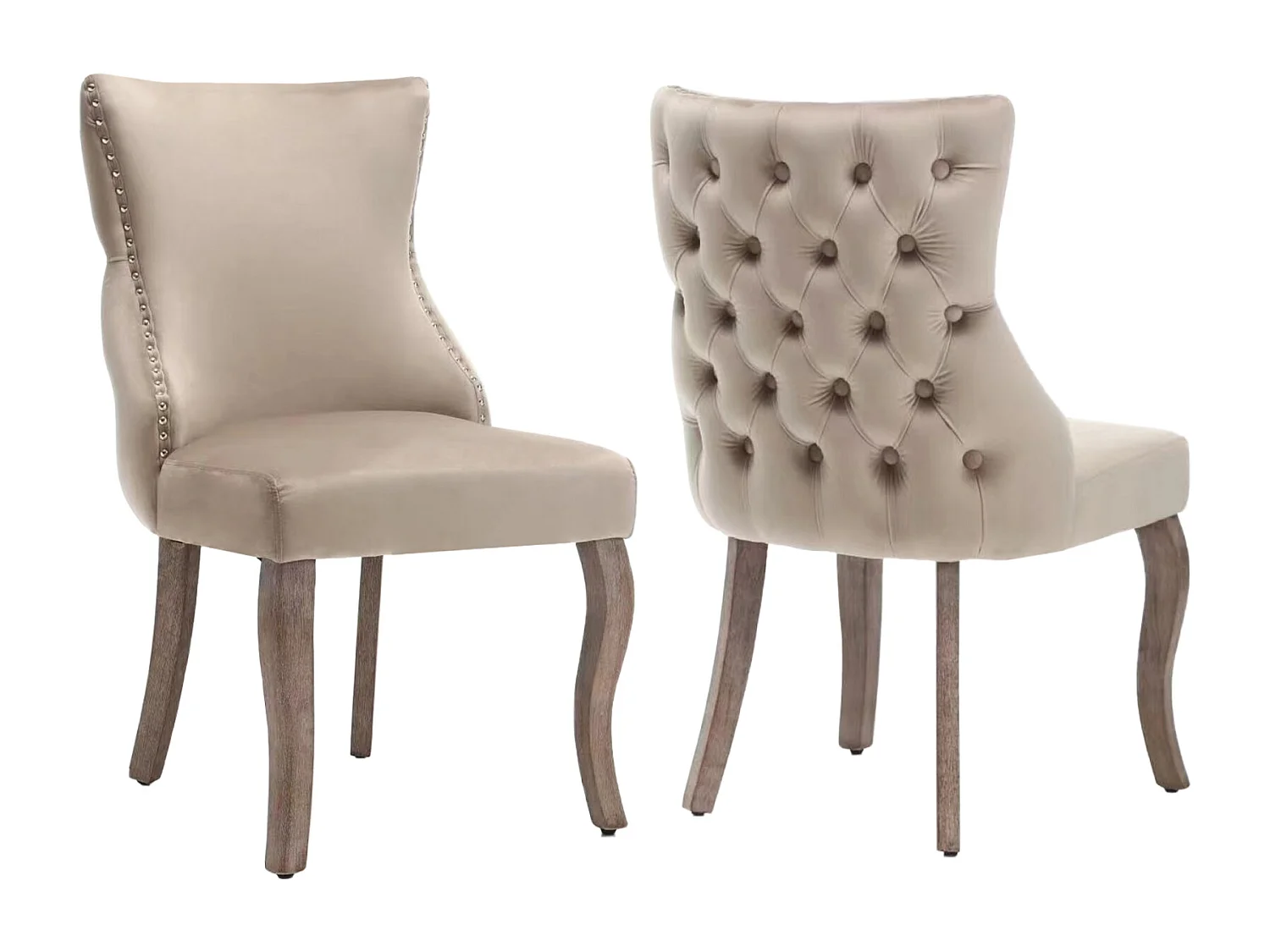 Lot de 2 chaises velours beige - Chaise 4 pieds avec piqûre de bouton structure en bois massif pour salle à manger - 91x50x49cm