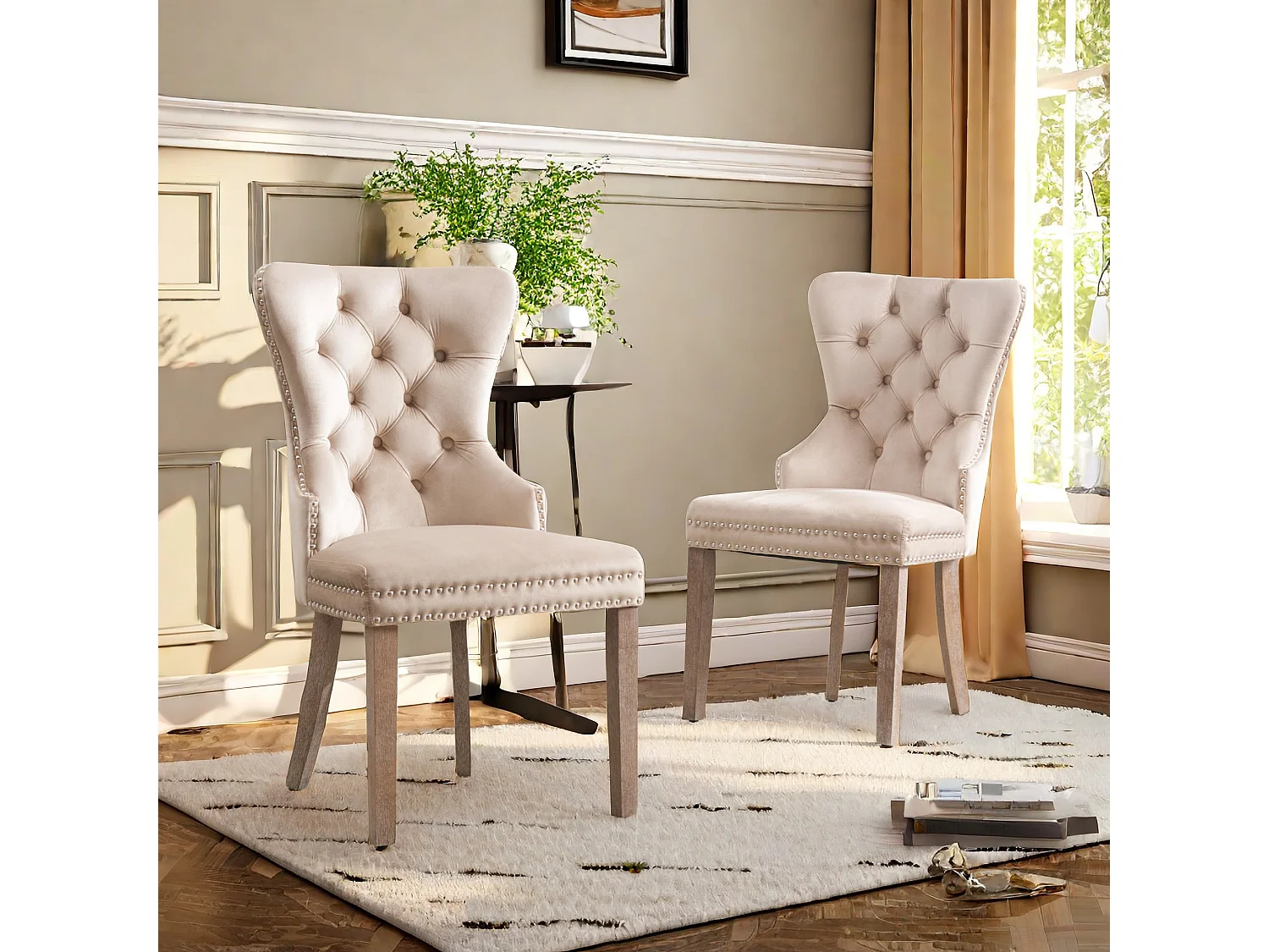 Lot de 2 Chaises de salle à manger, cuisine et salon chaise rembourrée pieds en bois massif - 53.5x64x95cm beige