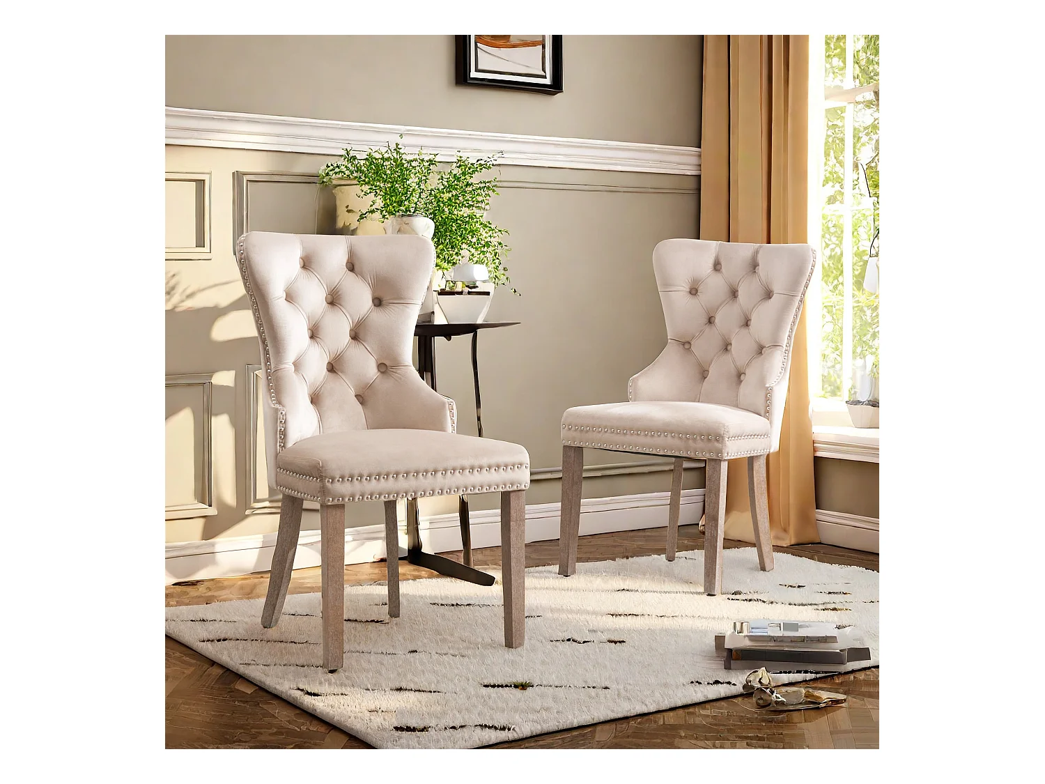 Lot de 2 Chaises de salle à manger, cuisine et salon chaise rembourrée pieds en bois massif - 53.5x64x95cm beige
