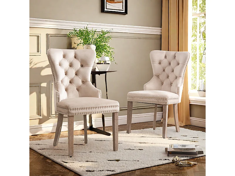 Lot de 2 Chaises de salle à manger, cuisine et salon chaise rembourrée pieds en bois massif - 53.5x64x95cm beige