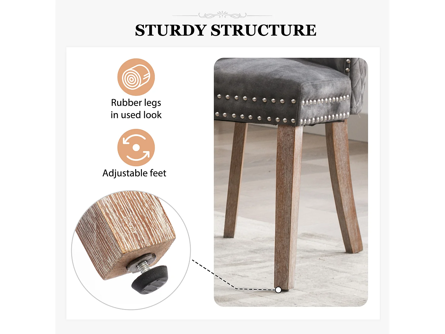 Lot de 6 Chaises de salle à manger, cuisine et salon chaise rembourrée pieds en bois massif - 53.5x64x95cm gris