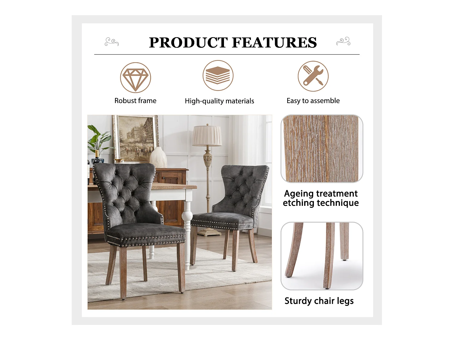 Set van 6 eetkamer-, keuken- en woonkamerstoelen Gestoffeerde stoel Massief houten poten - 53,5x64x95cm Grijs