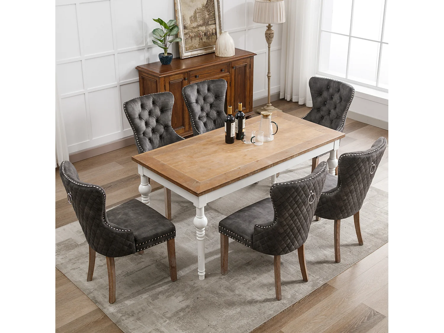 Lot de 6 Chaises de salle à manger, cuisine et salon chaise rembourrée pieds en bois massif - 53.5x64x95cm gris