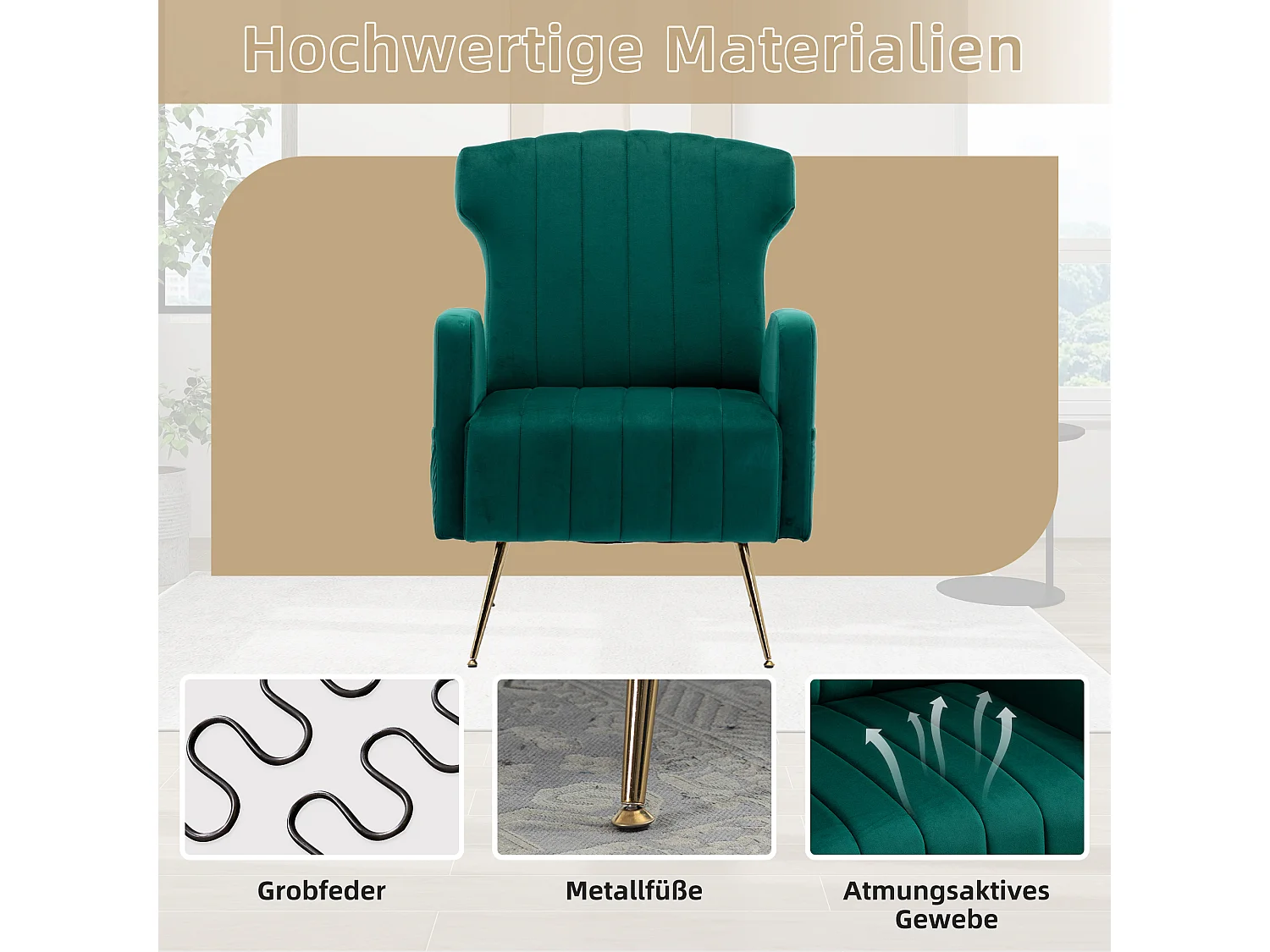 Chaise d'appoint ,chaise simple de loisir, avec pieds dorés, vert