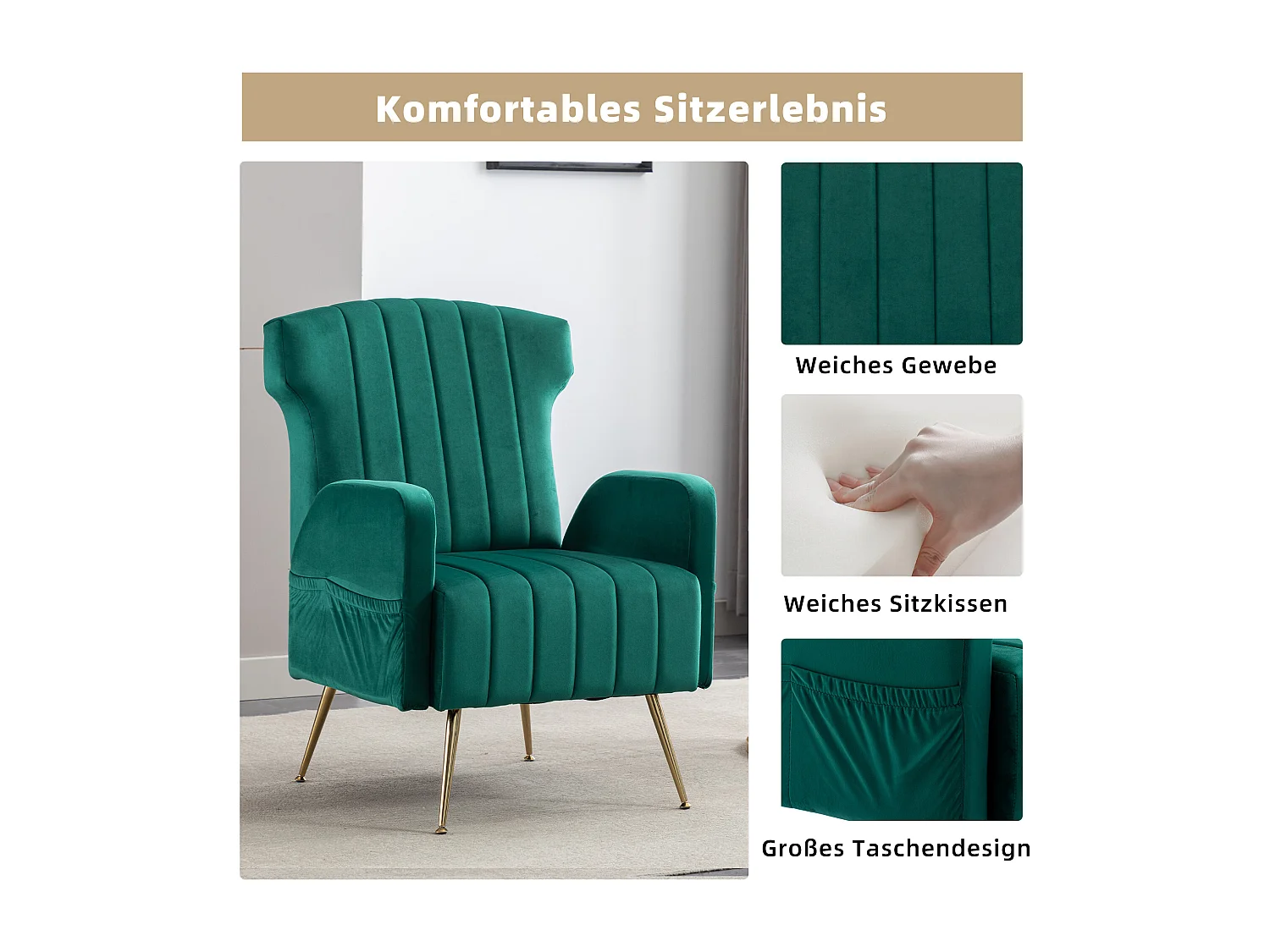 Chaise d'appoint ,chaise simple de loisir, avec pieds dorés, vert