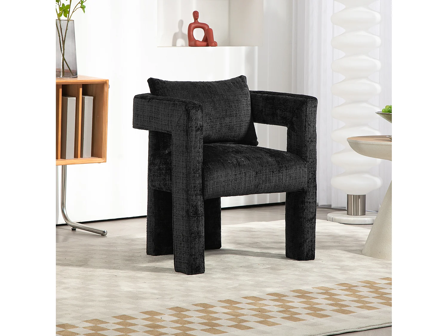 Fauteuil scandinave avec coussin confortable, design unique avec accoudoirs creux, en tissu chenille, 60x44x65cm, noir