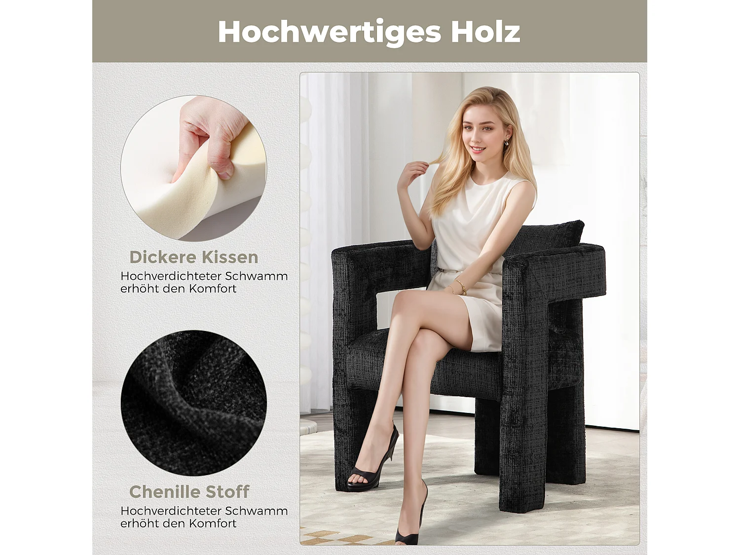 Fauteuil scandinave avec coussin confortable, design unique avec accoudoirs creux, en tissu chenille, 60x44x65cm, noir