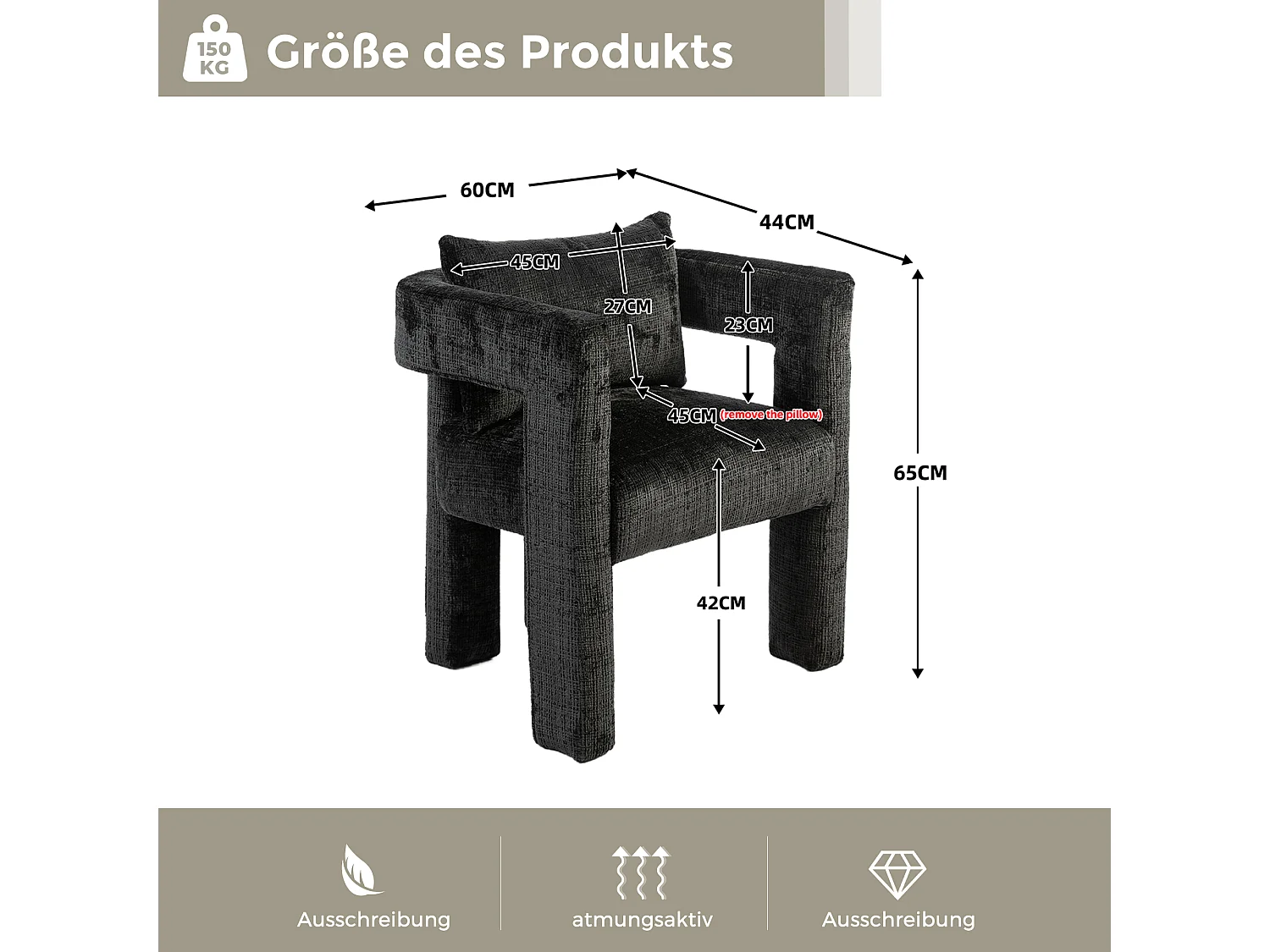 Fauteuil scandinave avec coussin confortable, design unique avec accoudoirs creux, en tissu chenille, 60x44x65cm, noir