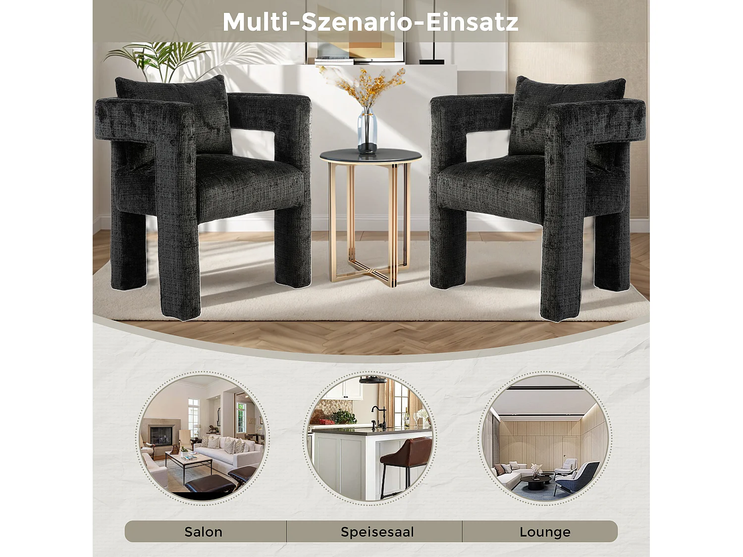 Fauteuil scandinave avec coussin confortable, design unique avec accoudoirs creux, en tissu chenille, 60x44x65cm, noir