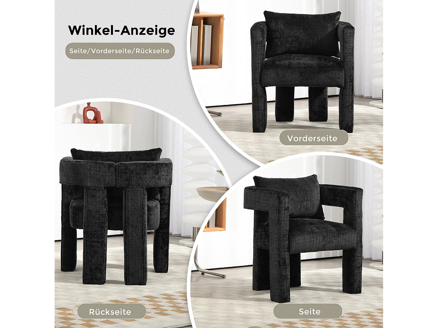 Fauteuil scandinave avec coussin confortable, design unique avec accoudoirs creux, en tissu chenille, 60x44x65cm, noir