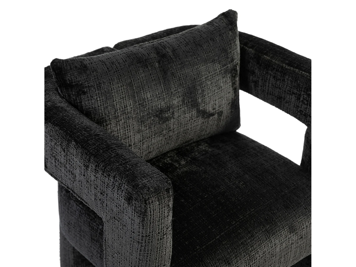 Fauteuil scandinave avec coussin confortable, design unique avec accoudoirs creux, en tissu chenille, 60x44x65cm, noir