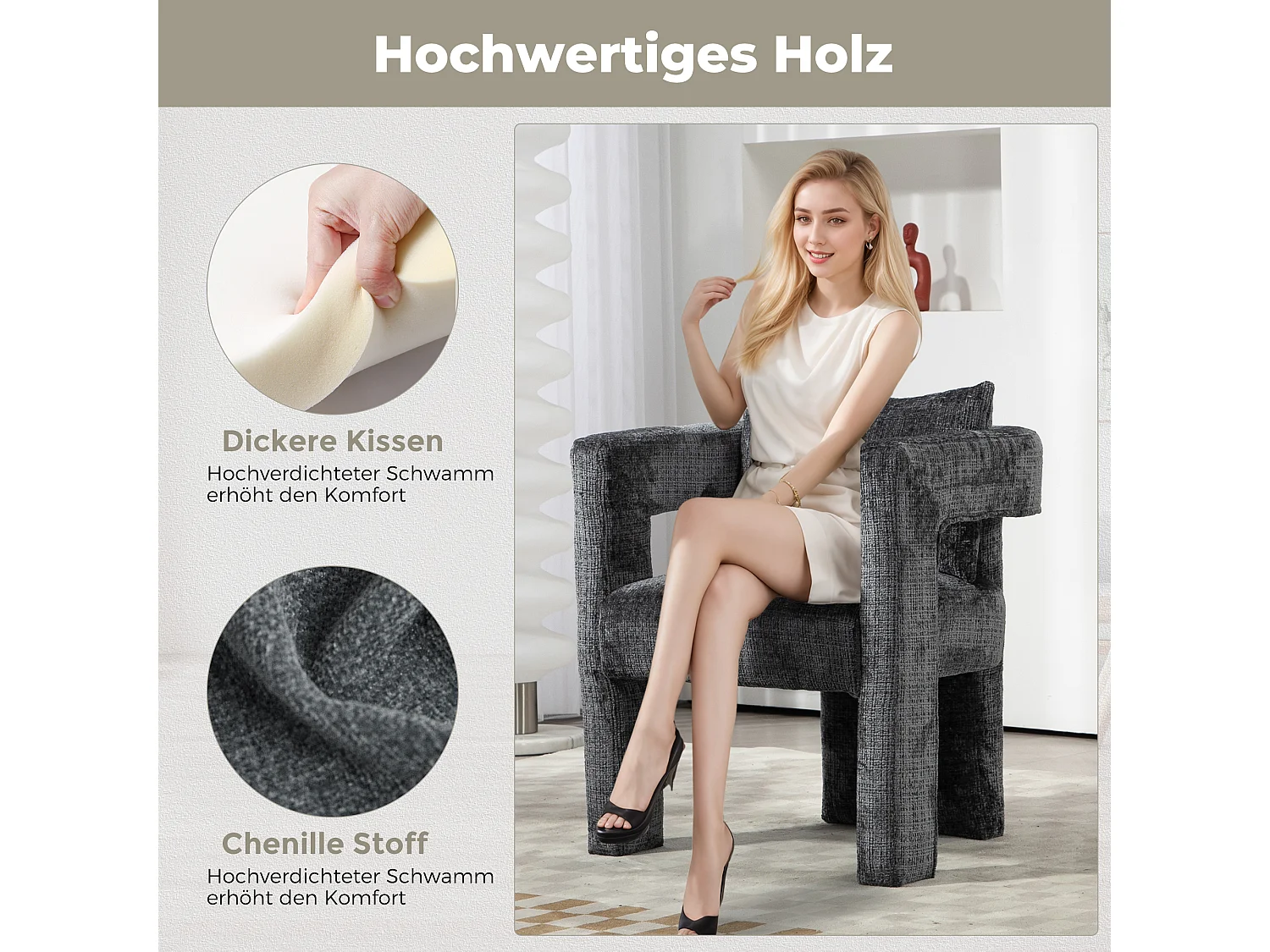 Fauteuil scandinave avec coussin confortable, design unique avec accoudoirs creux, en tissu chenille, 60x44x65cm, gris