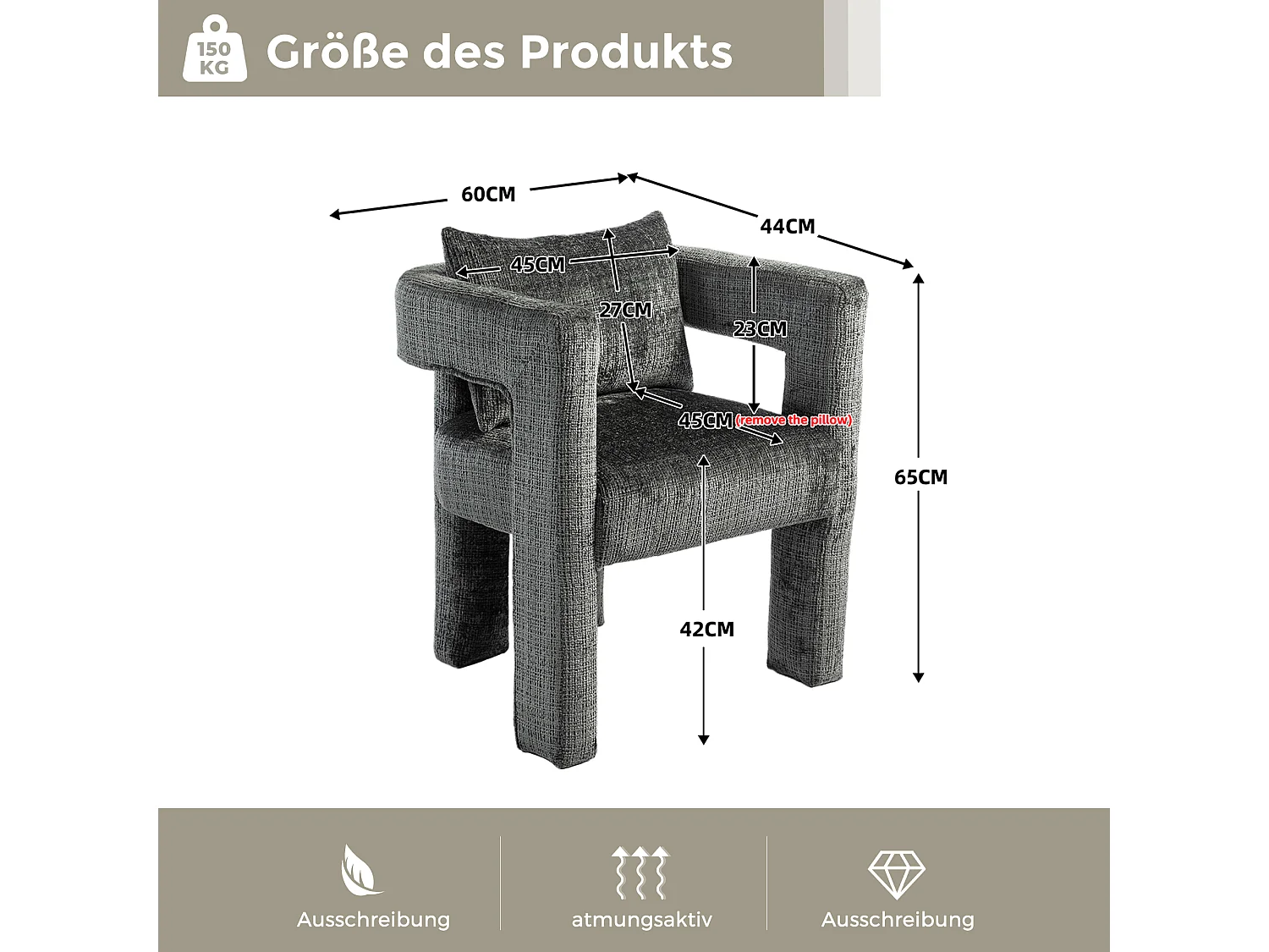 Fauteuil scandinave avec coussin confortable, design unique avec accoudoirs creux, en tissu chenille, 60x44x65cm, gris