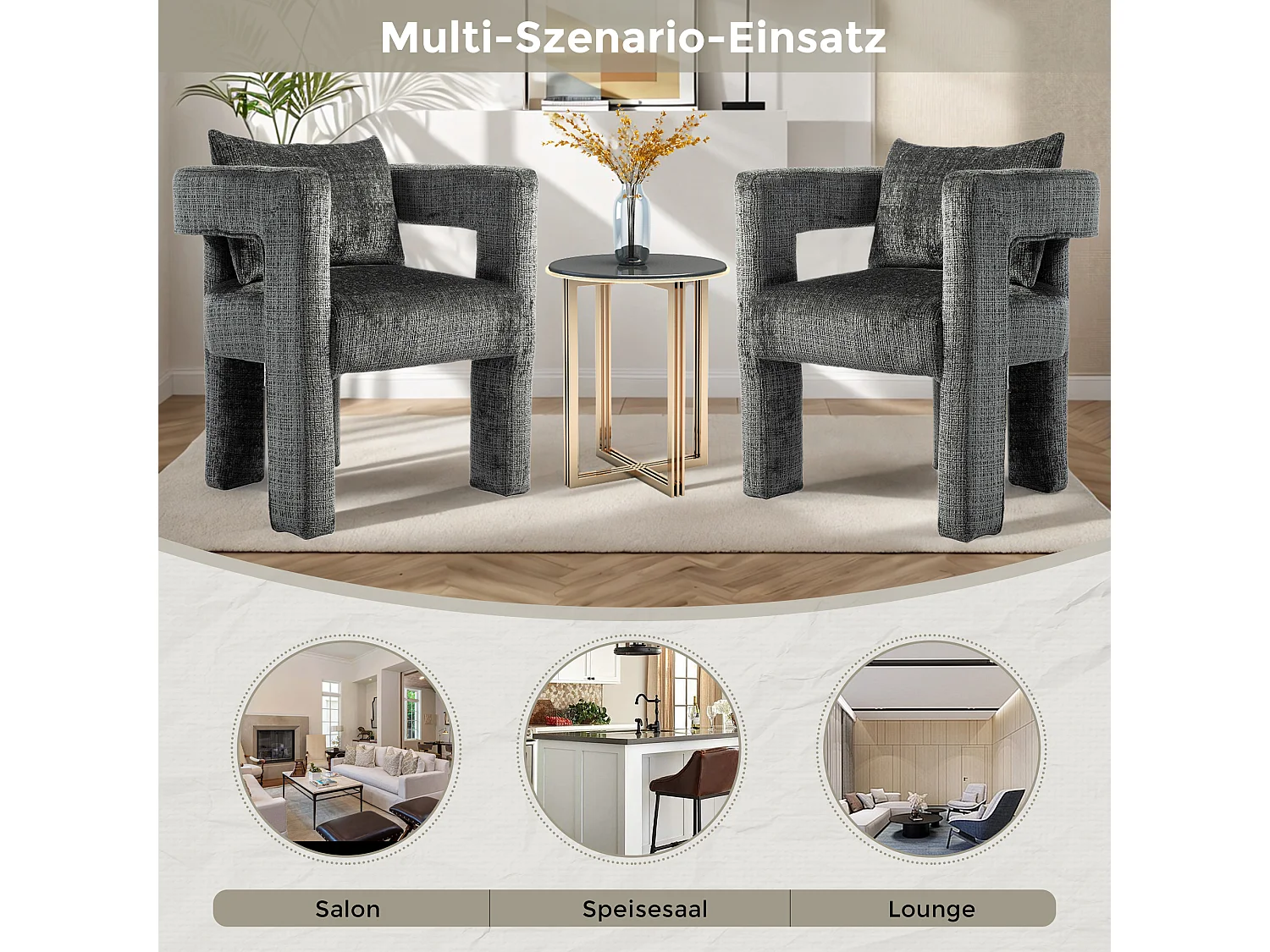 Fauteuil scandinave avec coussin confortable, design unique avec accoudoirs creux, en tissu chenille, 60x44x65cm, gris